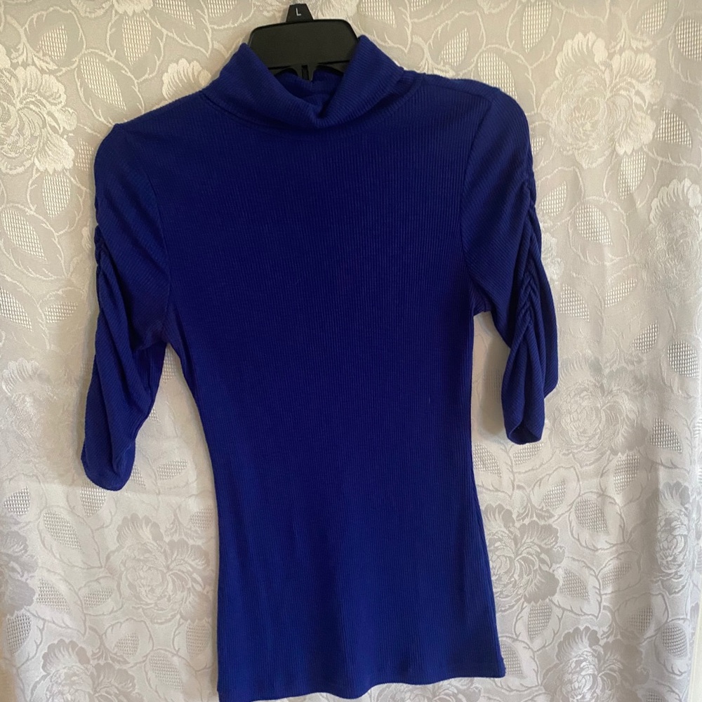 Blue ruched sleeve blue turtleneck
